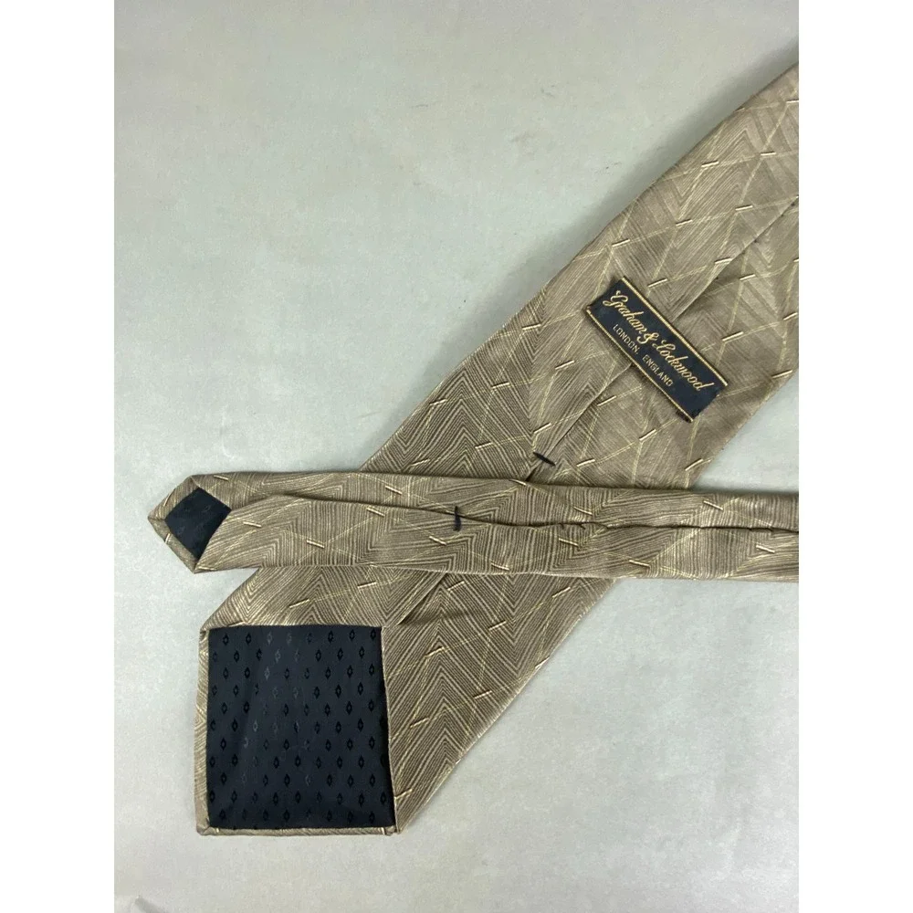 Graham & Lockwood Mens Tie Taupe Brown Gold Silk Geometric Chevron 58x4